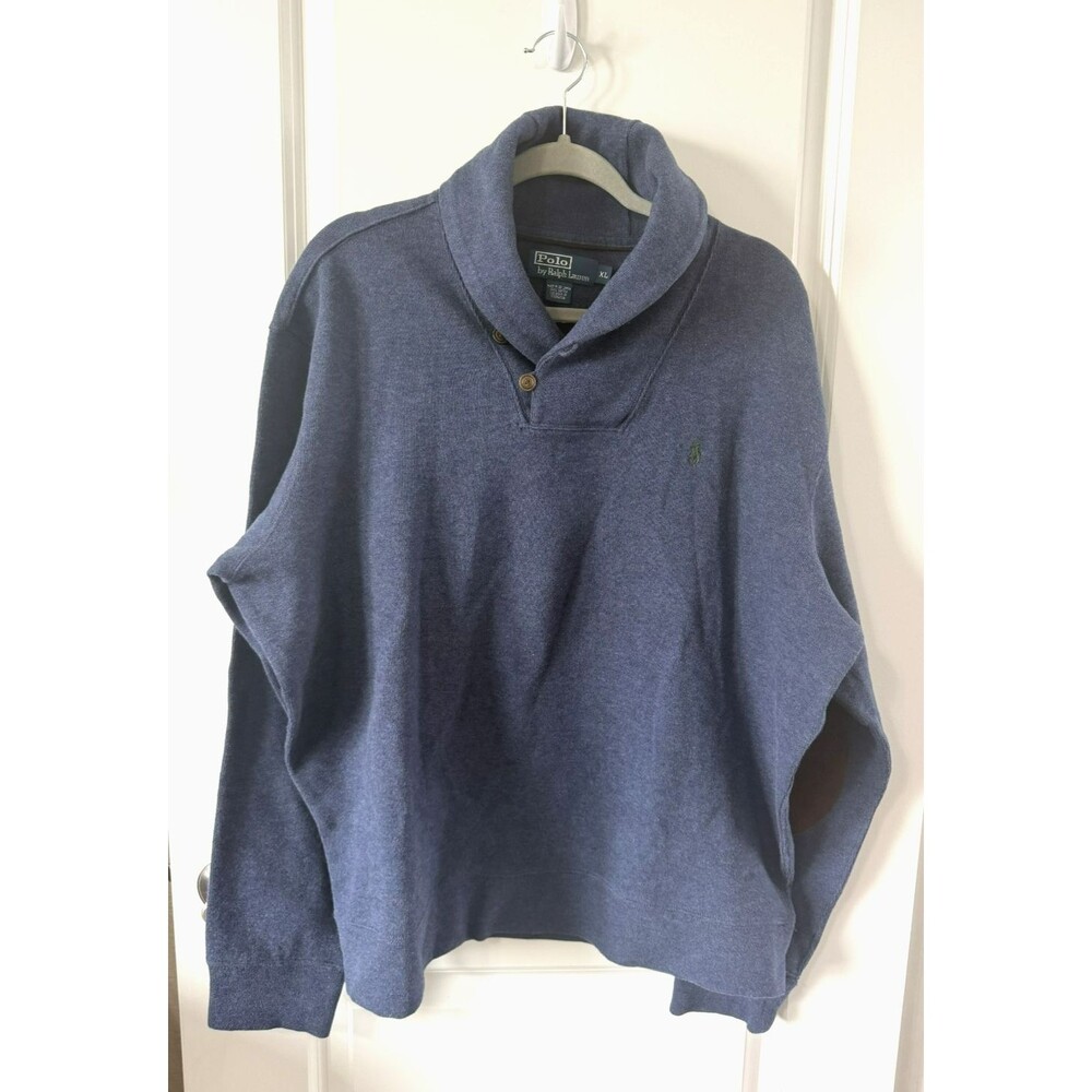 Polo Ralph Lauren Sweater Men's XL Blue heathered Cowl Neck Elbow Patches warm